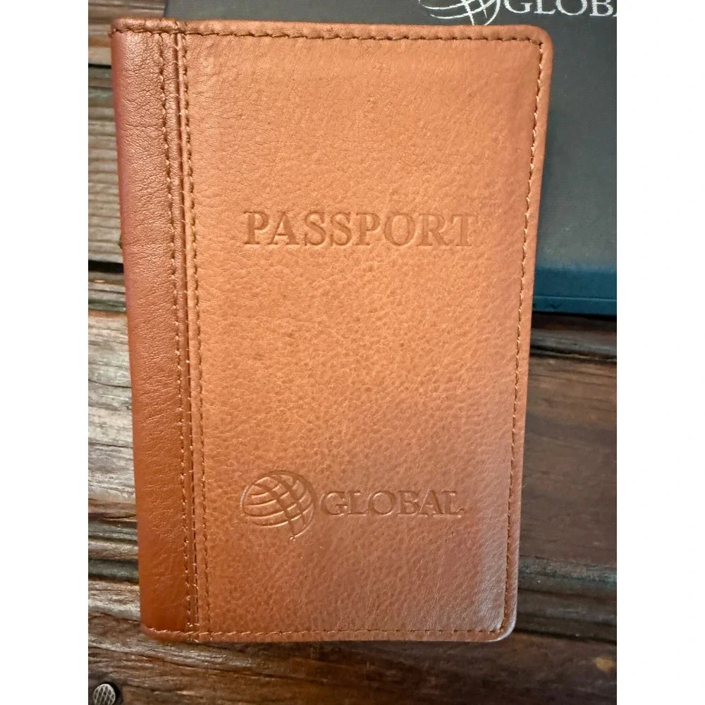 Leeman Designs Tan Leather Passport Cover and Luggage Tag Travel Gift Set Global